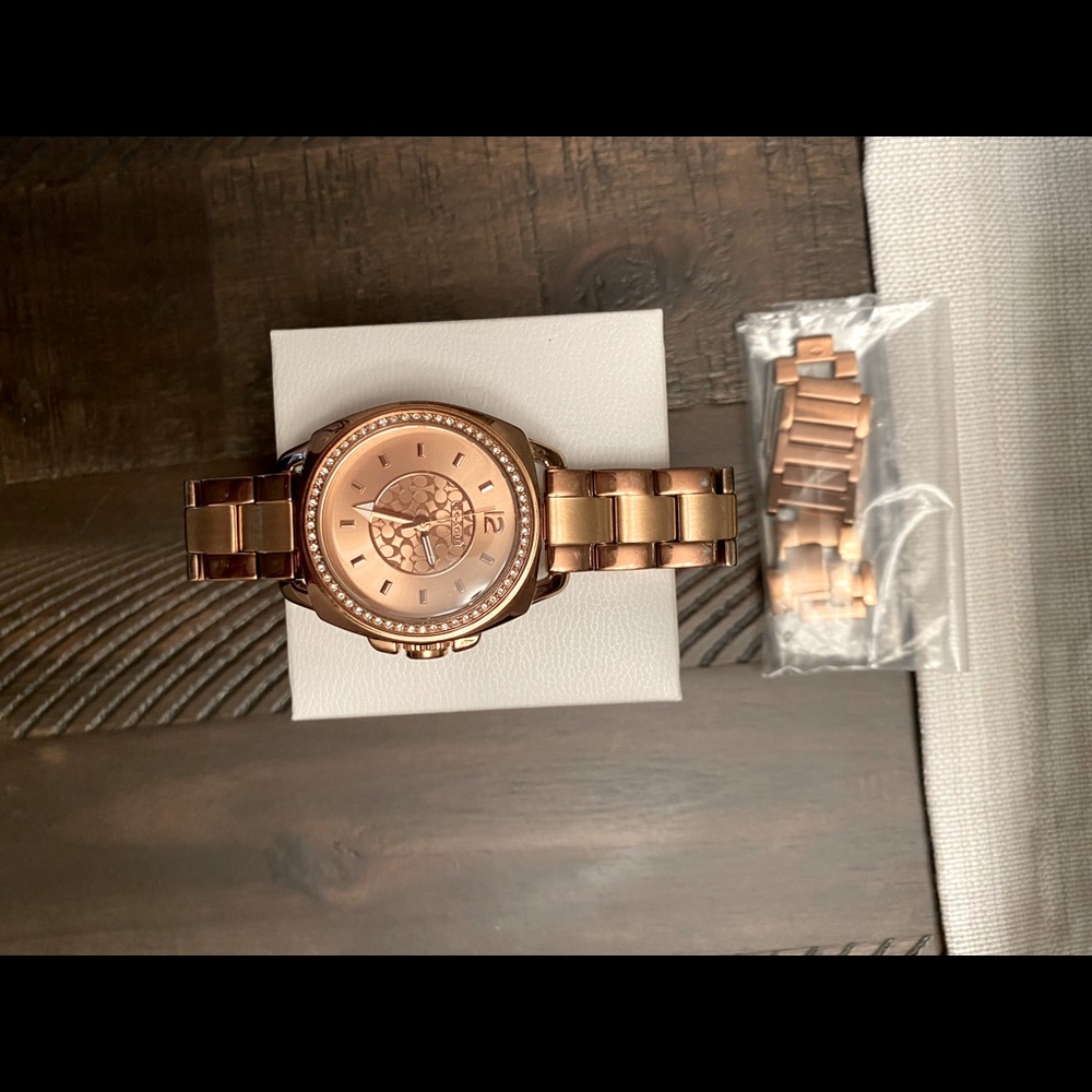 Coach Women's Boyfriend Crystal Bezel Logo Dial Rose Gold Toned Wrist Watch - Picture 4 of 6